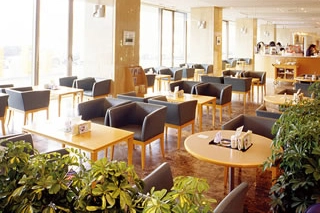 The bright lobby lounge