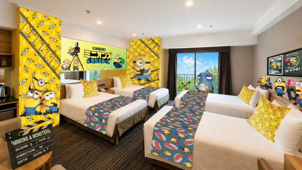 A 4-person “Minions & Monsters” collaboration room from the movie. Minions patterns adorn the bed sheets, windows, and walls.
